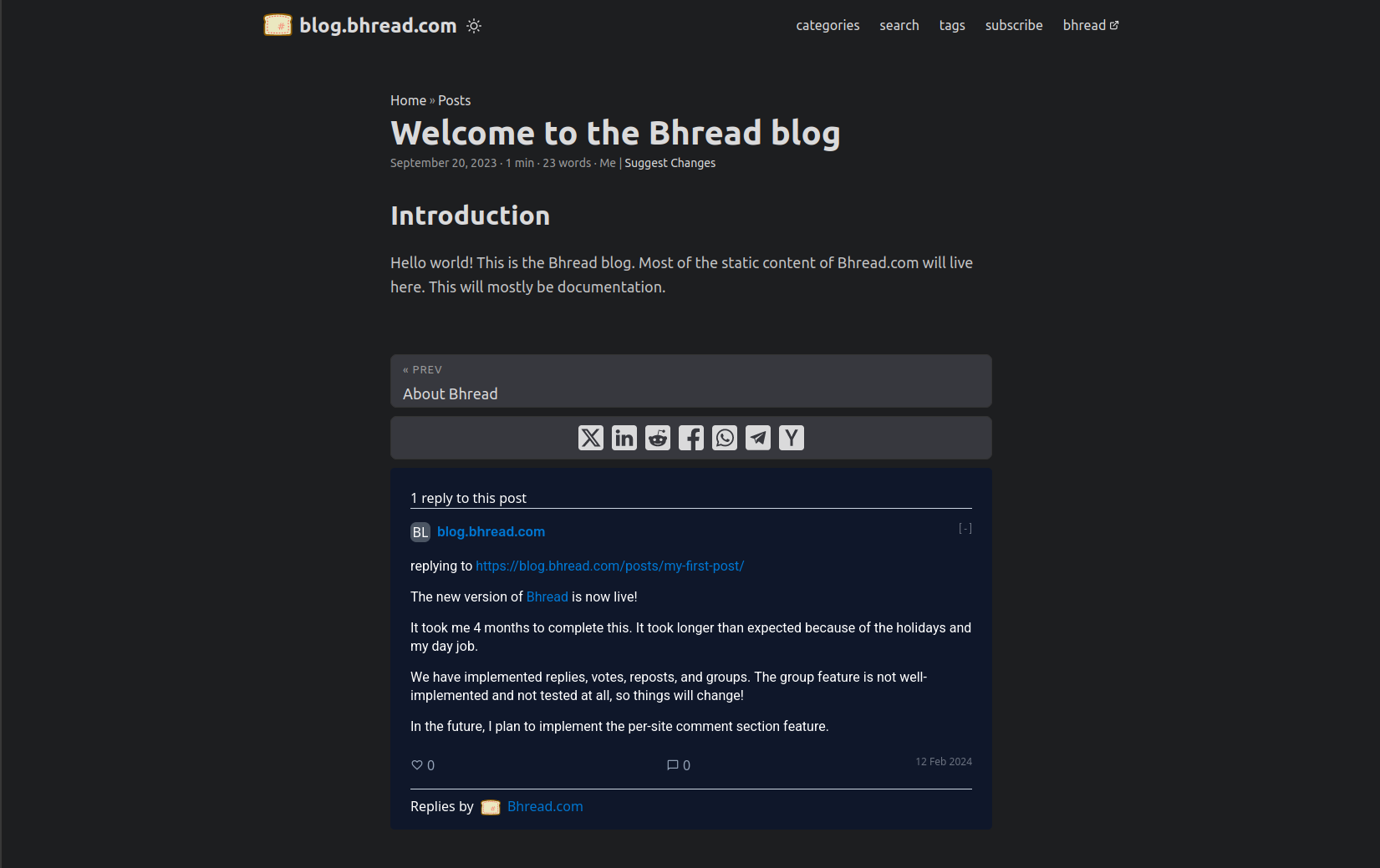 Screenshot of page with Bhread comments displayed and with replies
